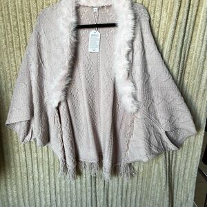 Pink Knit Shawl with Faux Fur Trim and Fringe